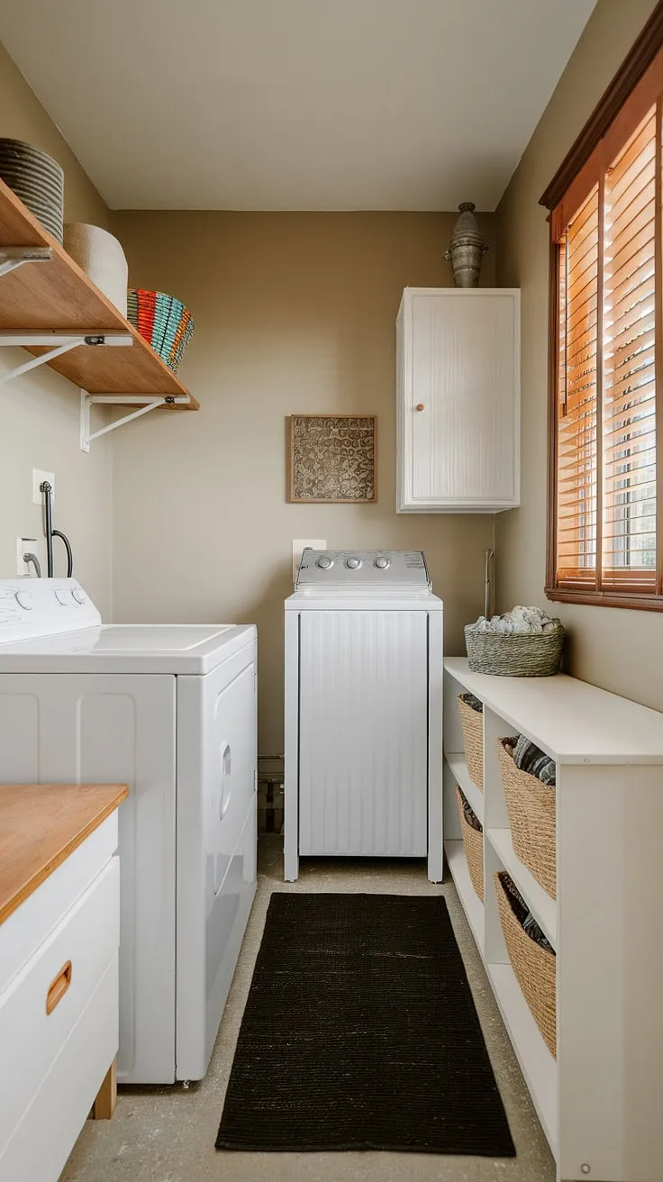 This narrow laundry room proves that even the smallest spaces can be transformed into a stylish laundry room.  Clever laundry room layouts and a thoughtful laundry room renovation maximized functionality, creating a dream laundry room that feels surprisingly spacious.  Perfect for a garage laundry or any utility room needing a refresh.