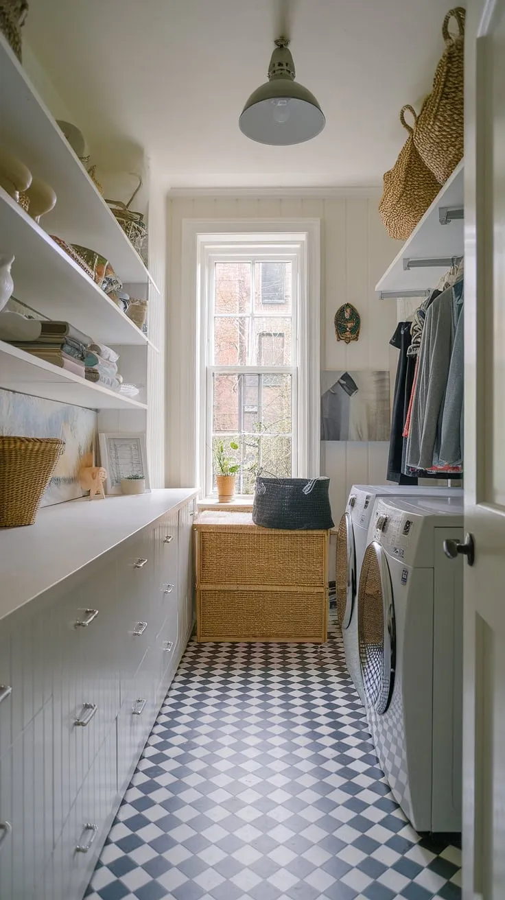 This narrow laundry room's makeover is a testament to the power of smart design.  Our laundry room renovation created a dream laundry room layout within a limited utility room footprint, incorporating modern laundry room elements and even extending the functionality to include a garage laundry. The result is a stylish and surprisingly spacious addition to the home.