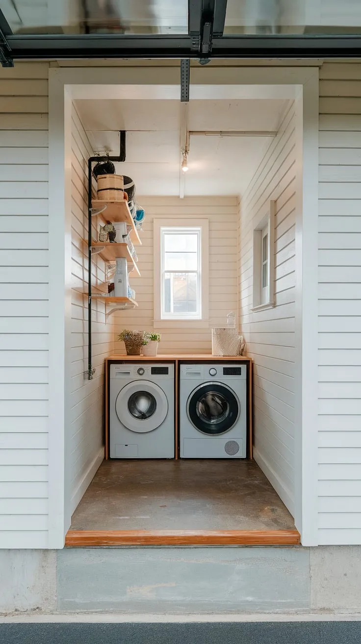 This narrow laundry room, tucked cleverly into the garage, proves that even limited space can become a stylish laundry room.  The modern design and thoughtful laundry room layouts make this dream laundry room a reality.  A testament to successful laundry room renovation.