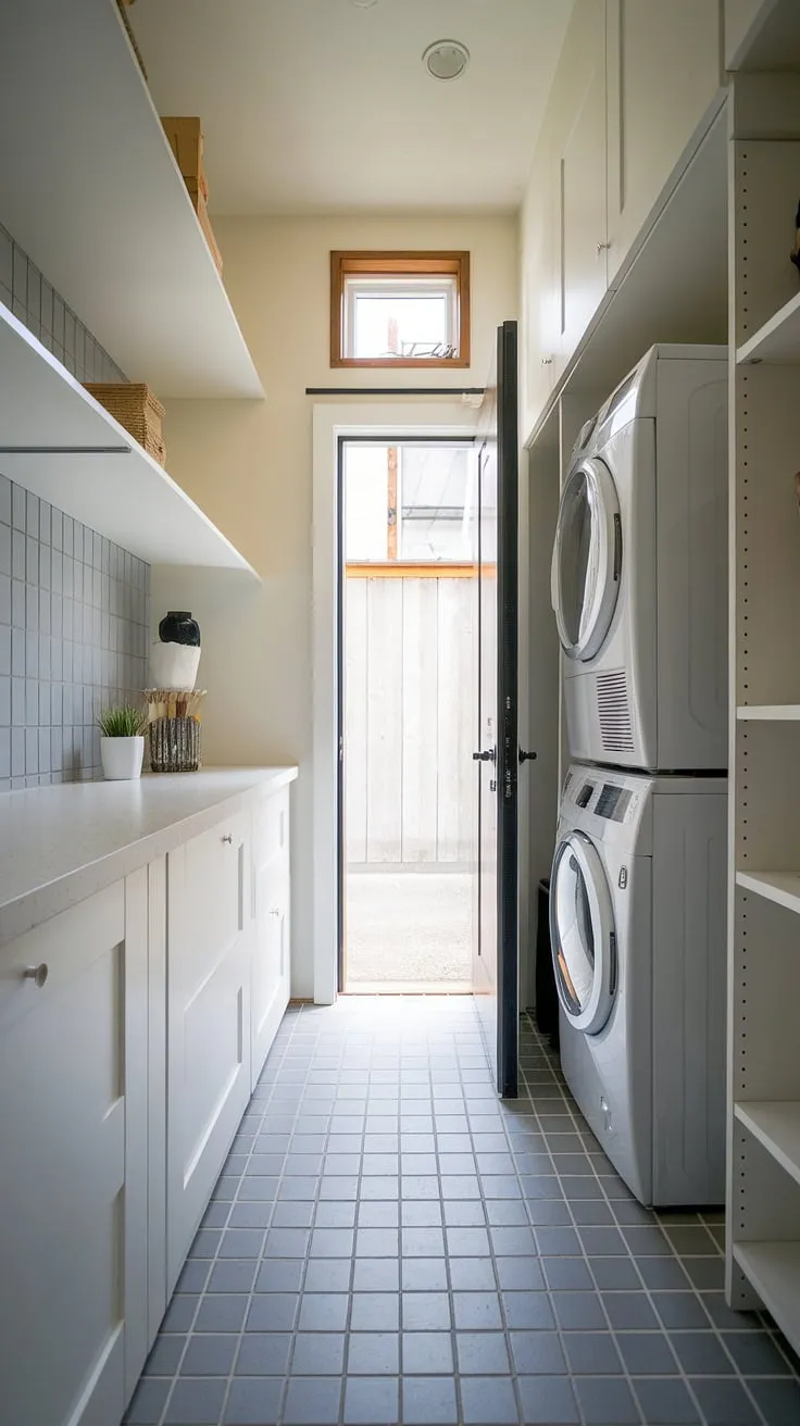 This narrow laundry room proves that even compact spaces can be stylish and functional.  Clever laundry room layouts maximize storage in this dream laundry room, showcasing a modern aesthetic perfect for a laundry room renovation.  The garage access adds extra convenience.