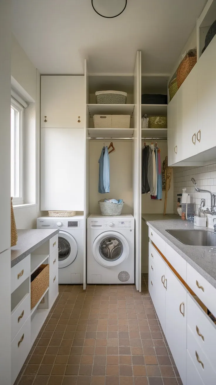 This narrow laundry room proves that even the smallest spaces can be transformed into a stylish laundry room.  Clever laundry room layouts and a thoughtful laundry room renovation maximized functionality, creating a dream laundry room that's both efficient and aesthetically pleasing.  The addition of a utility room sink and countertop elevates this garage laundry setup to modern laundry rooms standards.