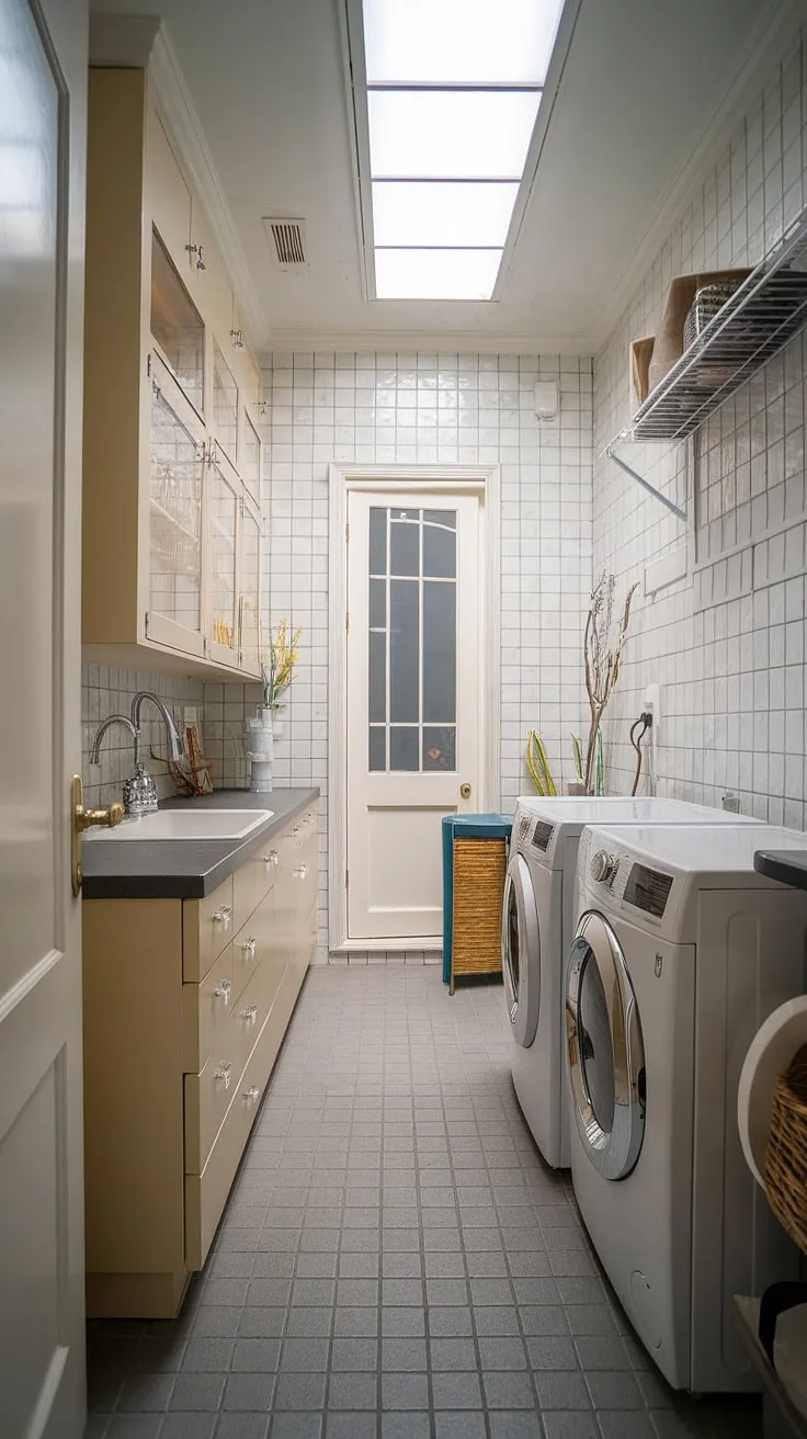 Dream laundry room achieved! This narrow laundry room renovation demonstrates that a stylish laundry room is possible, even with limited space.  The result? A functional and beautiful utility room, showcasing innovative laundry room layouts and the best of modern laundry rooms.