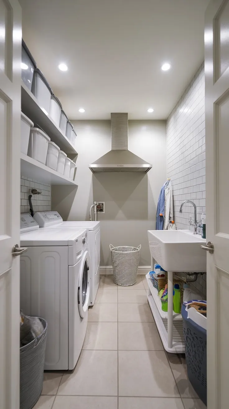 This narrow laundry room proves that even limited space can be transformed into a stylish and functional dream laundry room.  Clever laundry room layouts and a thoughtful renovation maximized storage, creating a modern laundry room that's a far cry from a typical garage laundry.