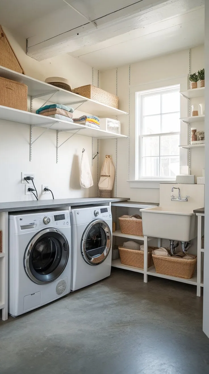 This narrow laundry room proves that even limited space can be transformed into a stylish and functional dream laundry room.  Clever laundry room layouts and smart storage solutions maximize efficiency, making this utility room a joy to use.  A perfect example of a successful laundry room renovation, even suitable for a garage laundry conversion.