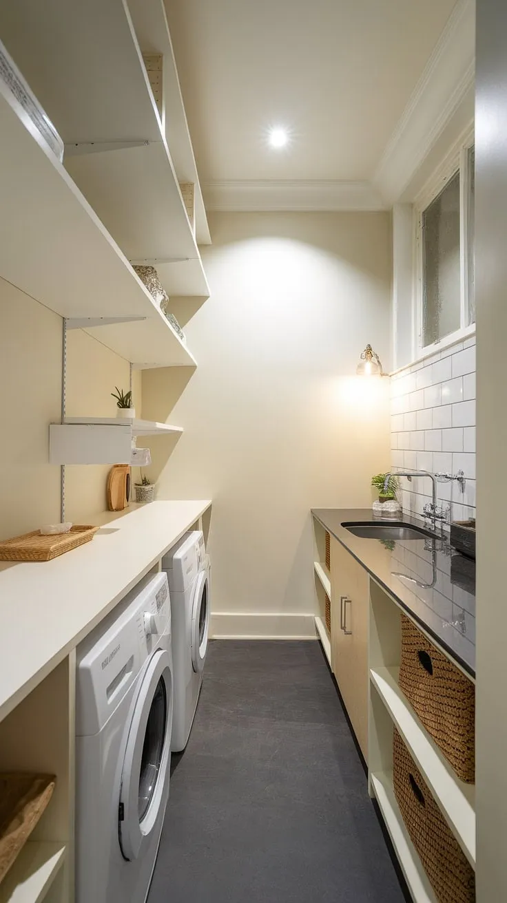 This narrow laundry room proves that even the smallest spaces can be stylish and functional.  A dream laundry room achieved through clever laundry room layouts and a thoughtful renovation, this modern utility room boasts ample storage and a surprisingly spacious feel.  Perfect for a garage laundry or any home needing a space-saving solution.