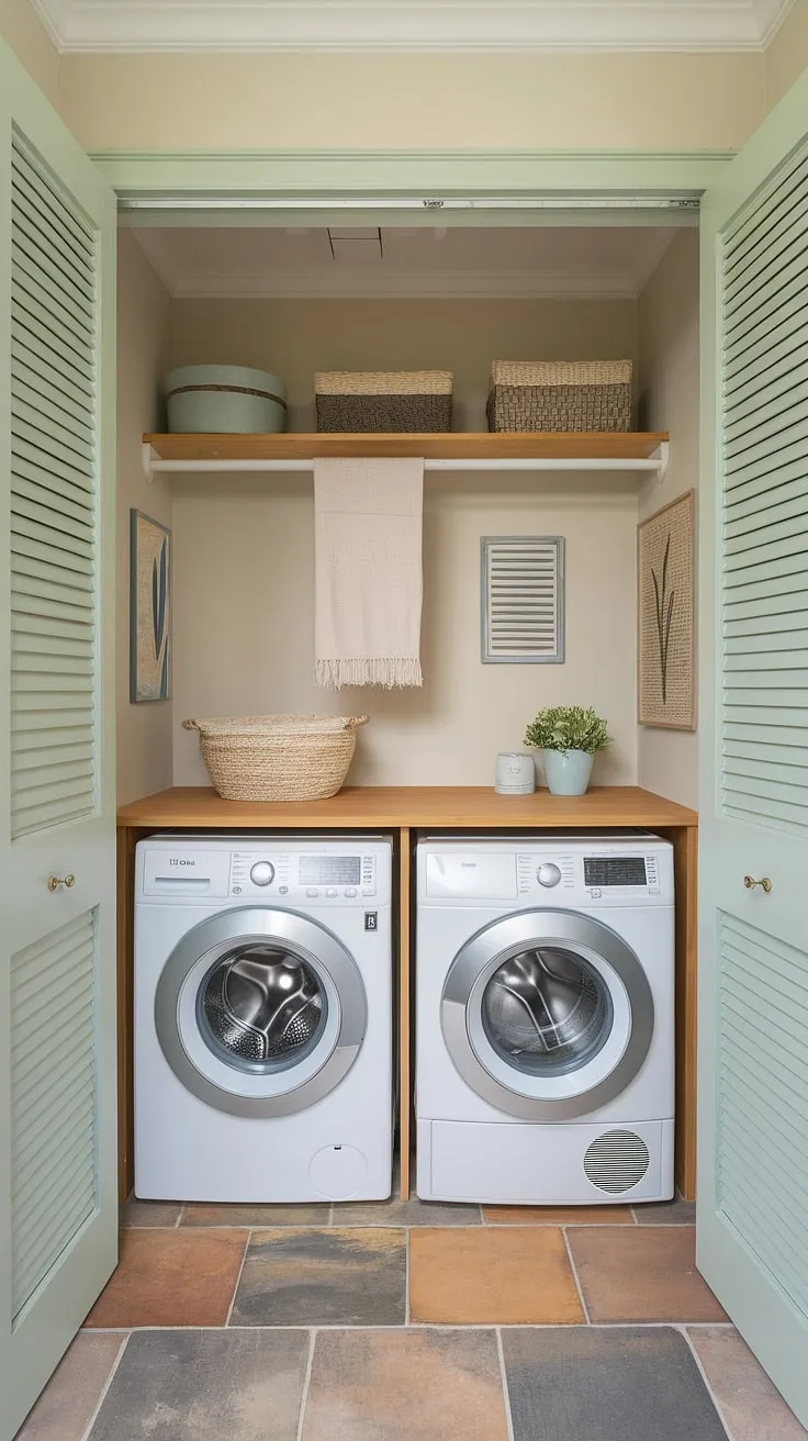 Maximize your space with this dream laundry room layout! This stylish laundry room renovation showcases how a narrow laundry room can be completely transformed into a modern and efficient utility room.  Forget cramped garage laundry setups – this is the epitome of smart laundry room layouts.
