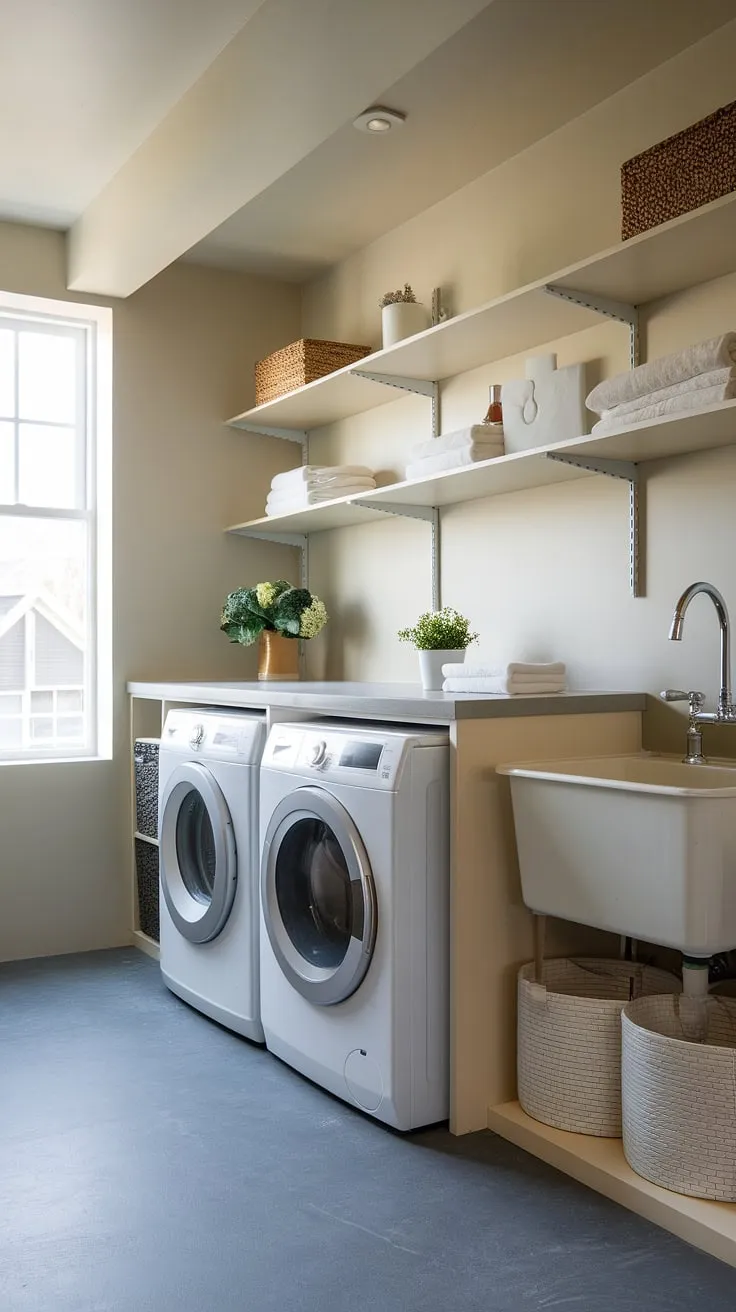 This narrow laundry room proves that even a small utility room can be transformed into a stylish laundry room.  Clever laundry room layouts and a thoughtful laundry room renovation have created this dream laundry room, a space as functional as it is beautiful.  Perfect for a garage laundry or any home needing a modern laundry room upgrade.