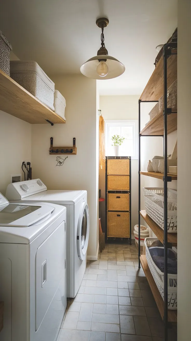 This narrow laundry room proves that even limited space can be transformed into a stylish and functional dream laundry room.  Clever laundry room layouts and a thoughtful renovation maximized storage, creating a modern utility room that's anything but cramped.  A perfect example for garage laundry conversions.