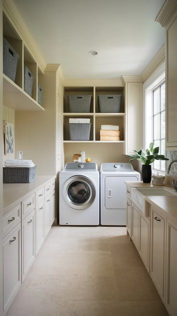 Transforming a cramped utility room into this stylish laundry room was a dream come true!  Clever laundry room layouts maximize space in this narrow laundry room, proving that even a garage laundry can be a modern laundry rooms haven.  This laundry room renovation is proof that functionality and beauty can coexist.