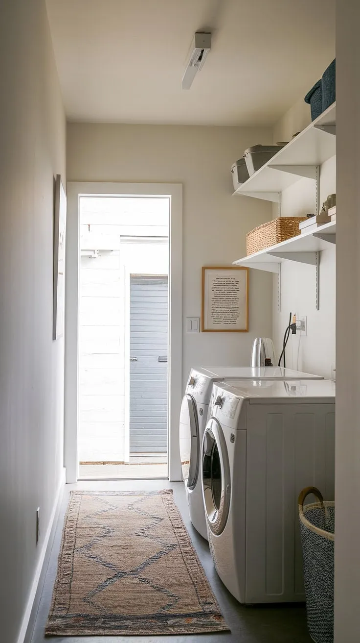 Maximize your space with this stunning laundry room renovation.  This modern utility room, despite its narrow design, is a testament to the power of smart laundry room layouts.  A stylish laundry room and a dream laundry room all rolled into one, this garage laundry is the perfect blend of form and function.