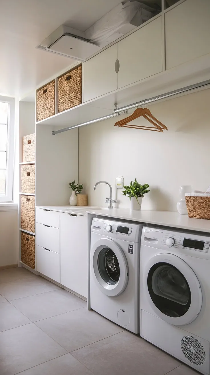 This narrow laundry room proves that even limited space can be transformed into a stylish laundry room.  The clever laundry room layouts maximize storage, and the addition of a sink and window make this dream laundry room a functional and bright addition to the home.  A perfect example of a successful laundry room renovation, even suitable for a garage laundry.