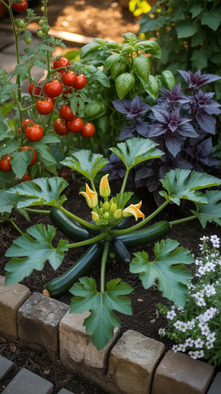 Sunlit Symphony of Zucchini, Tomatoes and Garden Blooms