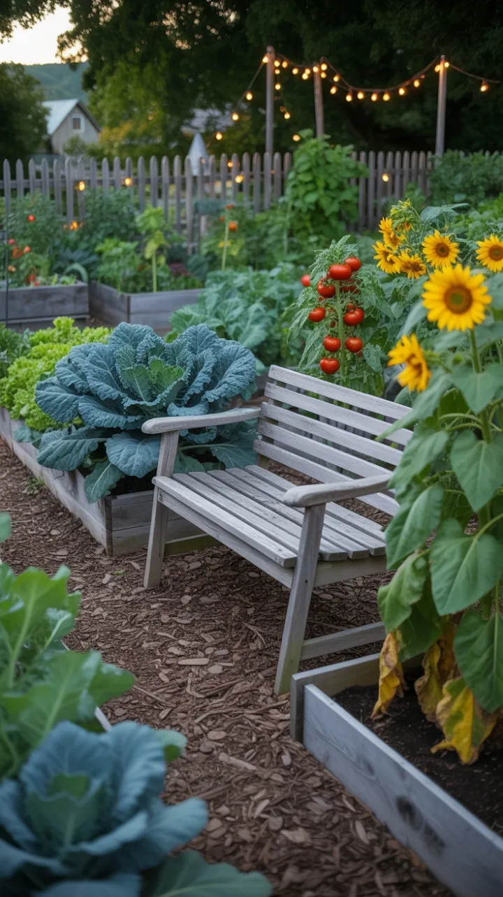 Twilight cottage garden with sunflowers, tomatoes and a weathered bench
