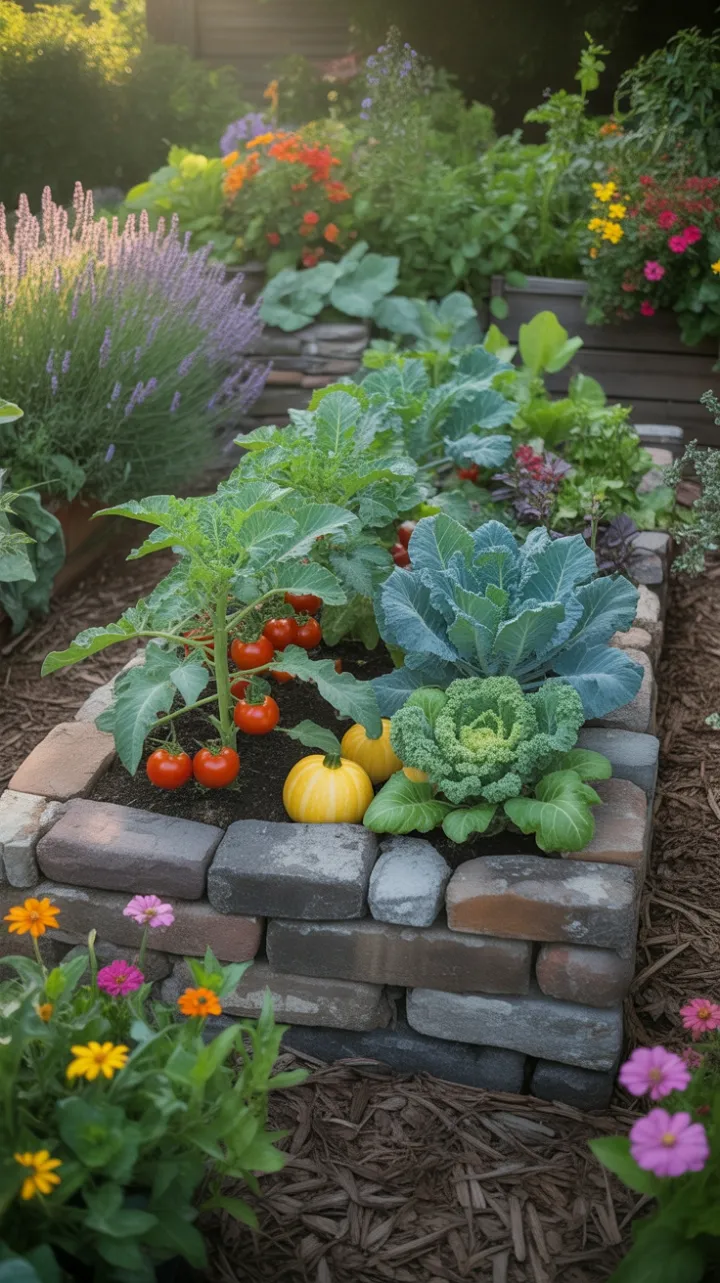 Golden-Hour Garden Overflowing with Kale, Tomatoes and Sunlit Blooms