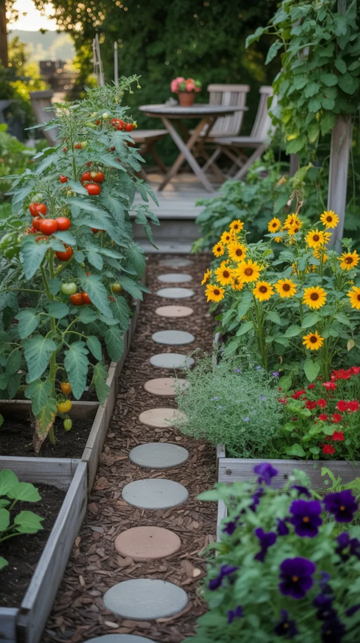 Sunlit Cottage Garden of Ripe Tomatoes, Bright Blooms and Quiet Charm