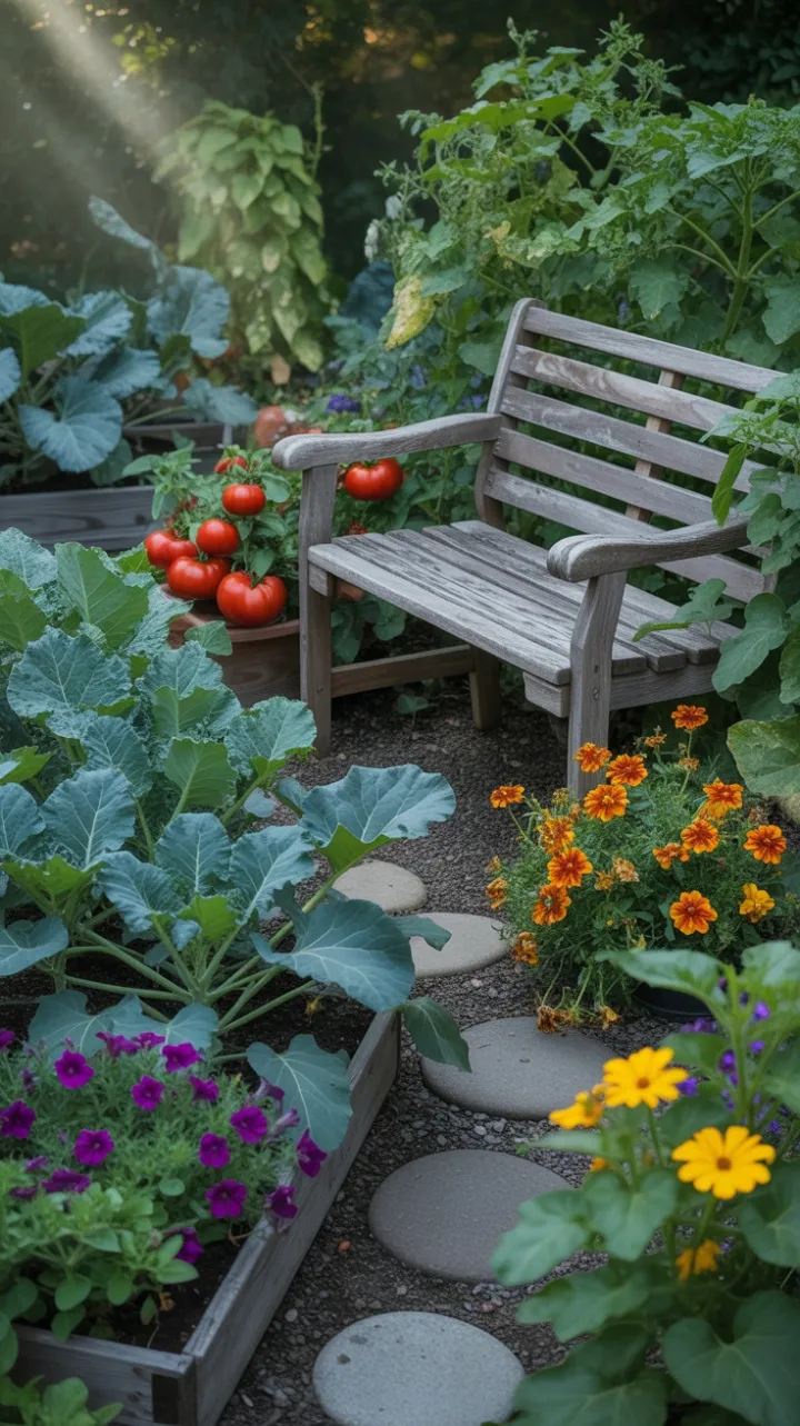 Sunlit Sanctuary of Kale Tomatoes and Blooming Marigolds