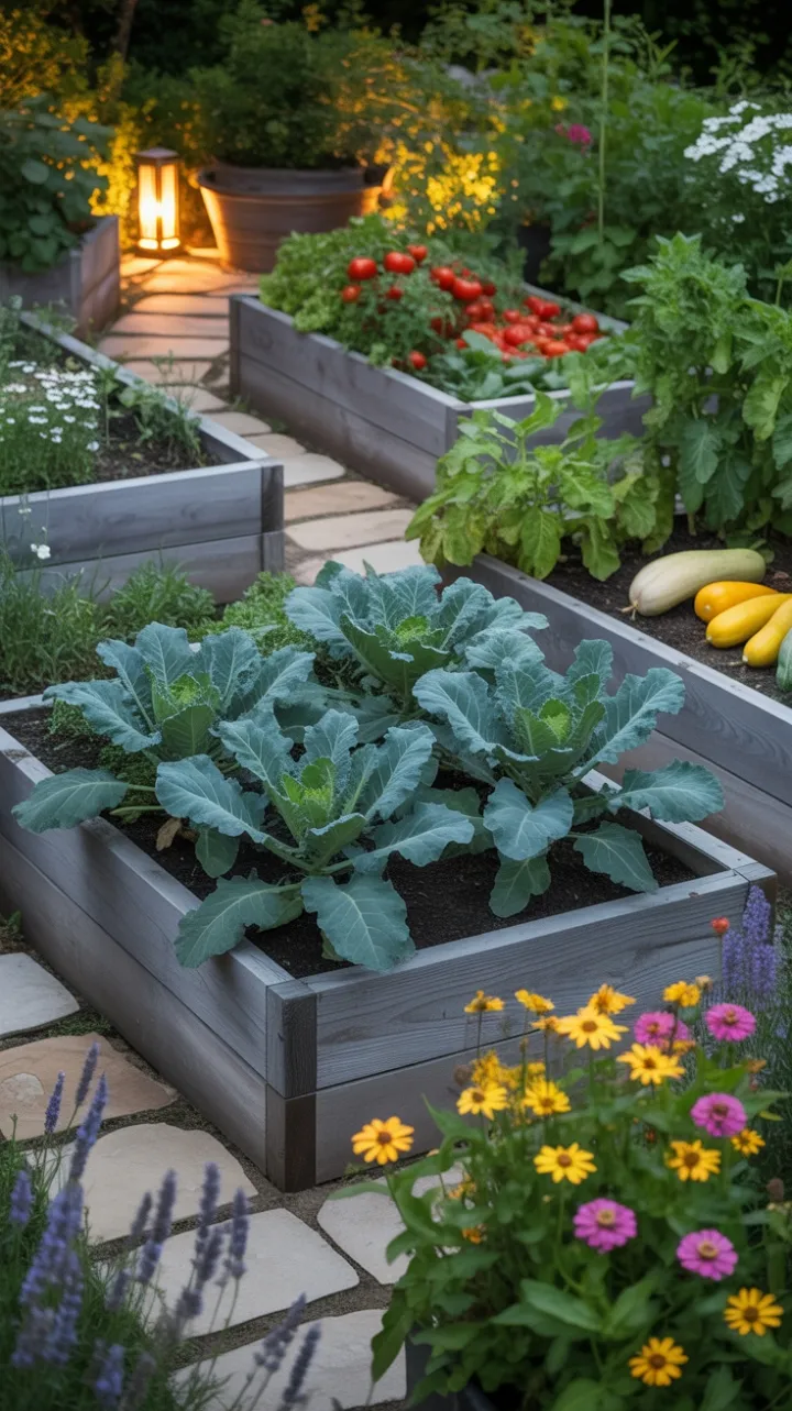 Lanternlit Stone Vegetable Garden in a Golden Afternoon