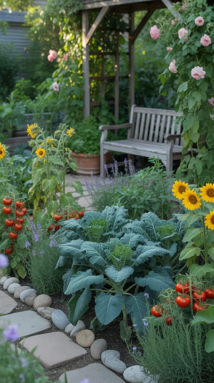 Sunlit Sanctuary of Tomatoes, Kale, Sunflowers and Climbing Roses