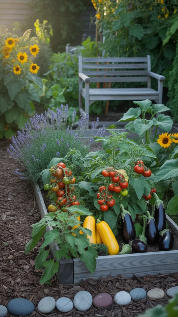 Sunlit Heirloom Garden Brimming with Lavender, Tomatoes, and Sunflowers