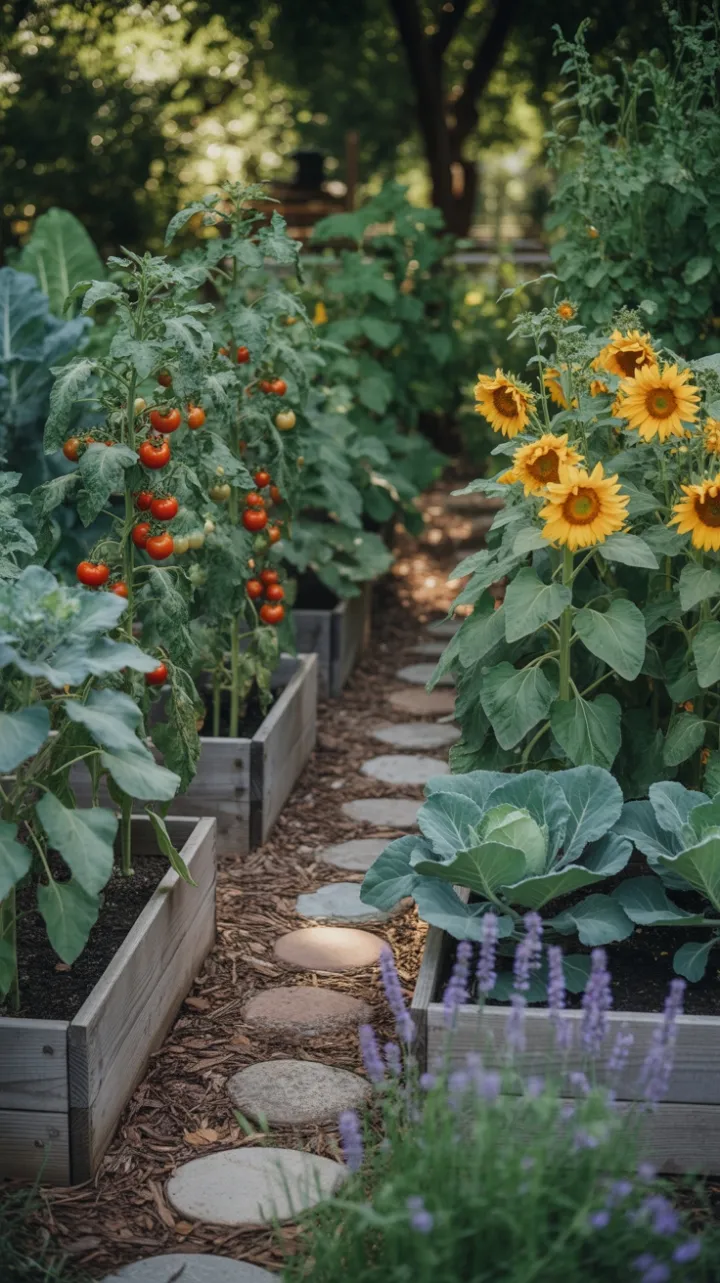 Sunlit Garden Sanctuary of Heirloom Tomatoes and Blooms
