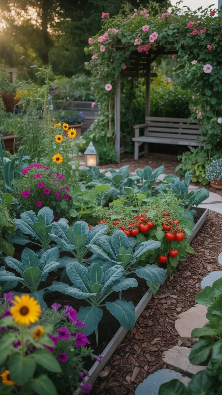 Golden-Hour Garden Retreat with Lush Veggies and Blooming Flowers