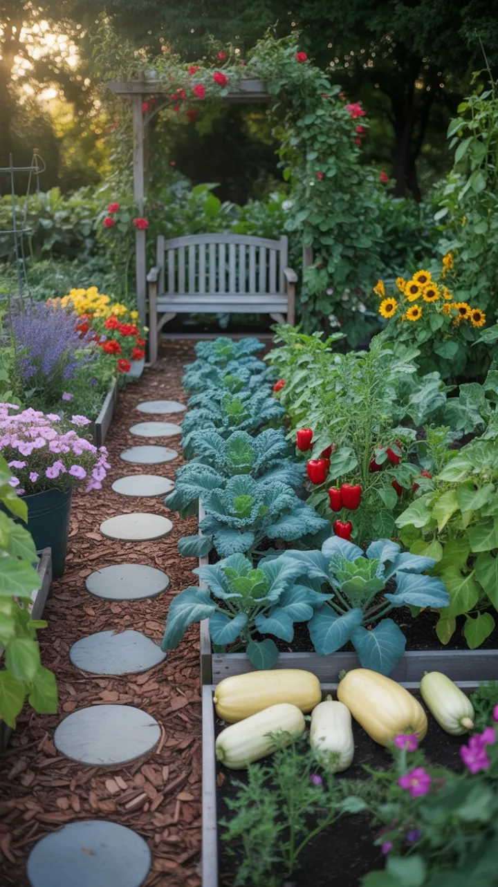 Sunlit Garden Pathway Brimming with Veggies, Blooms, and a Welcoming Bench
