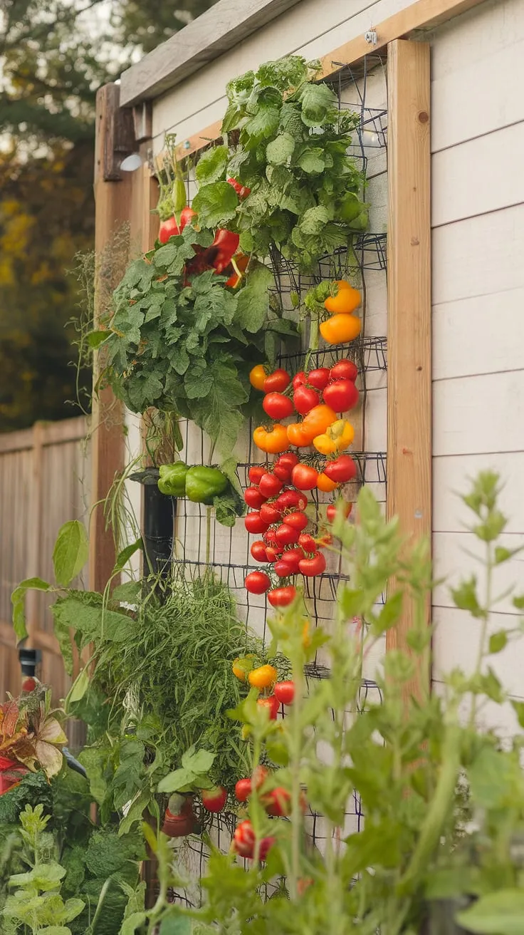Sunlight-drenched vegetables thrive in a charming outdoor vertical garden framed by wood and nature.
