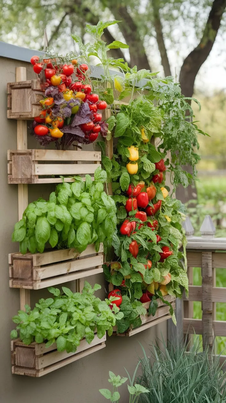 A vibrant vertical garden, crafted from wooden crates, thrives against a tranquil backdrop of trees and a fence, showcasing a bounty of tomatoes, peppers, basil, and mint.