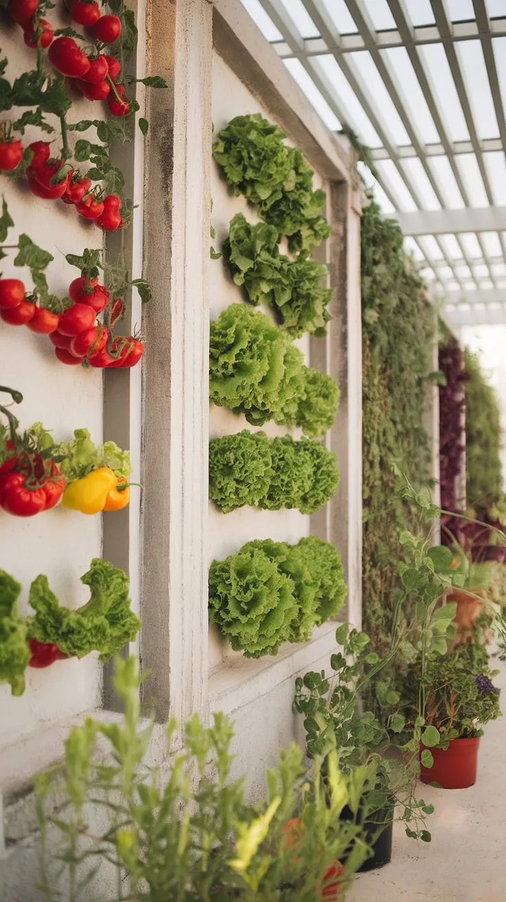 Vibrant vegetables climb white concrete walls in a sun-drenched vertical garden