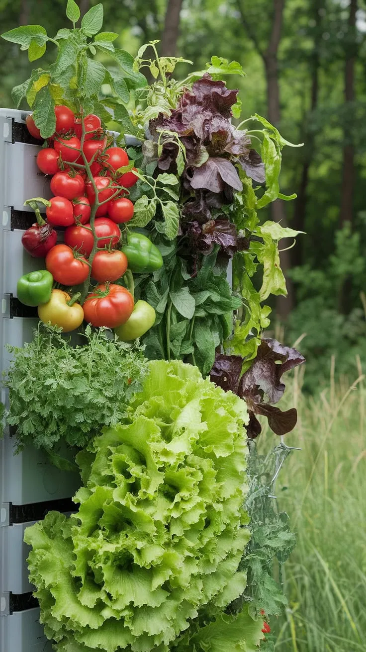 Vertical gardening maximizes space and yields a vibrant harvest of tomatoes, peppers, and lettuce against a verdant backdrop