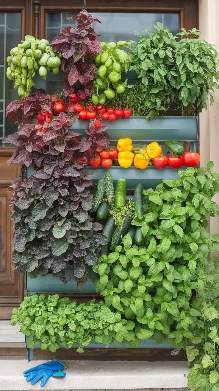 A multi-level wall garden bursts with fresh vegetables and herbs, showcasing the beauty and bounty of vertical farming.