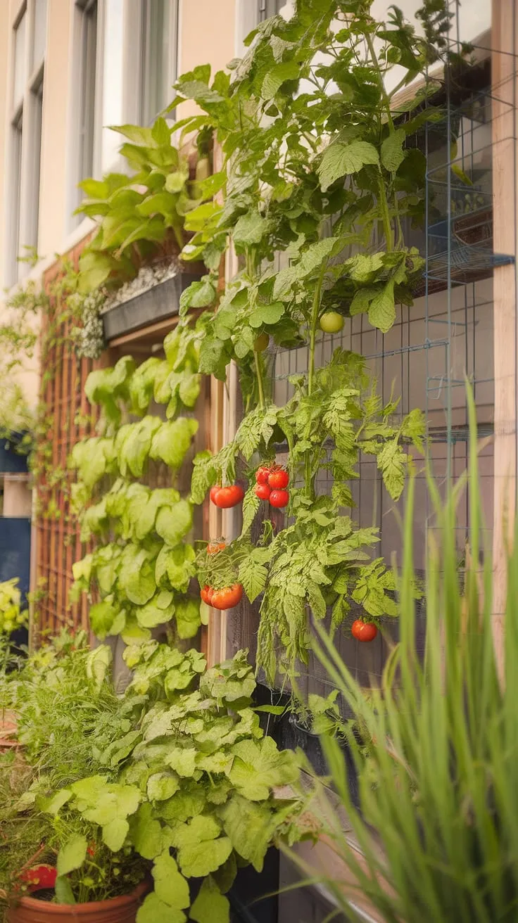 A warm-hued photo showcases a thriving vertical garden bursting with green leaves and red tomatoes, complementing a ground-level vegetable patch against a building backdrop.