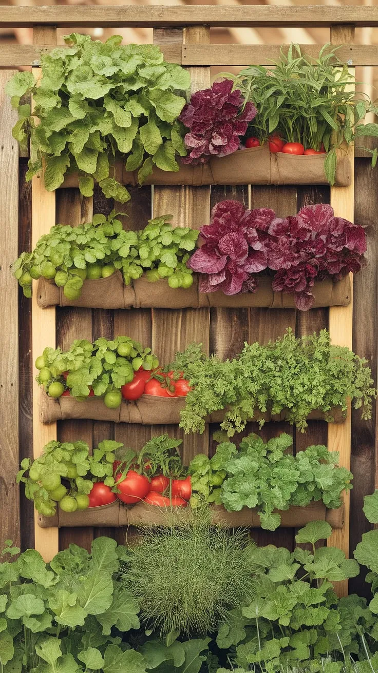 Vibrant vegetables and herbs thrive in a warm-hued vertical garden, bursting with color against a wooden backdrop.