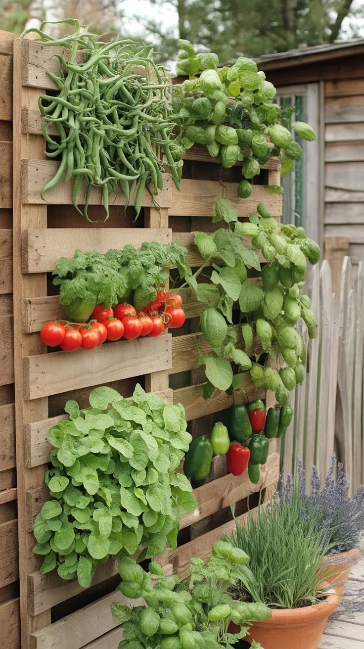 Vertical gardening maximizes space, showcasing vibrant vegetables and herbs in a charming outdoor setting