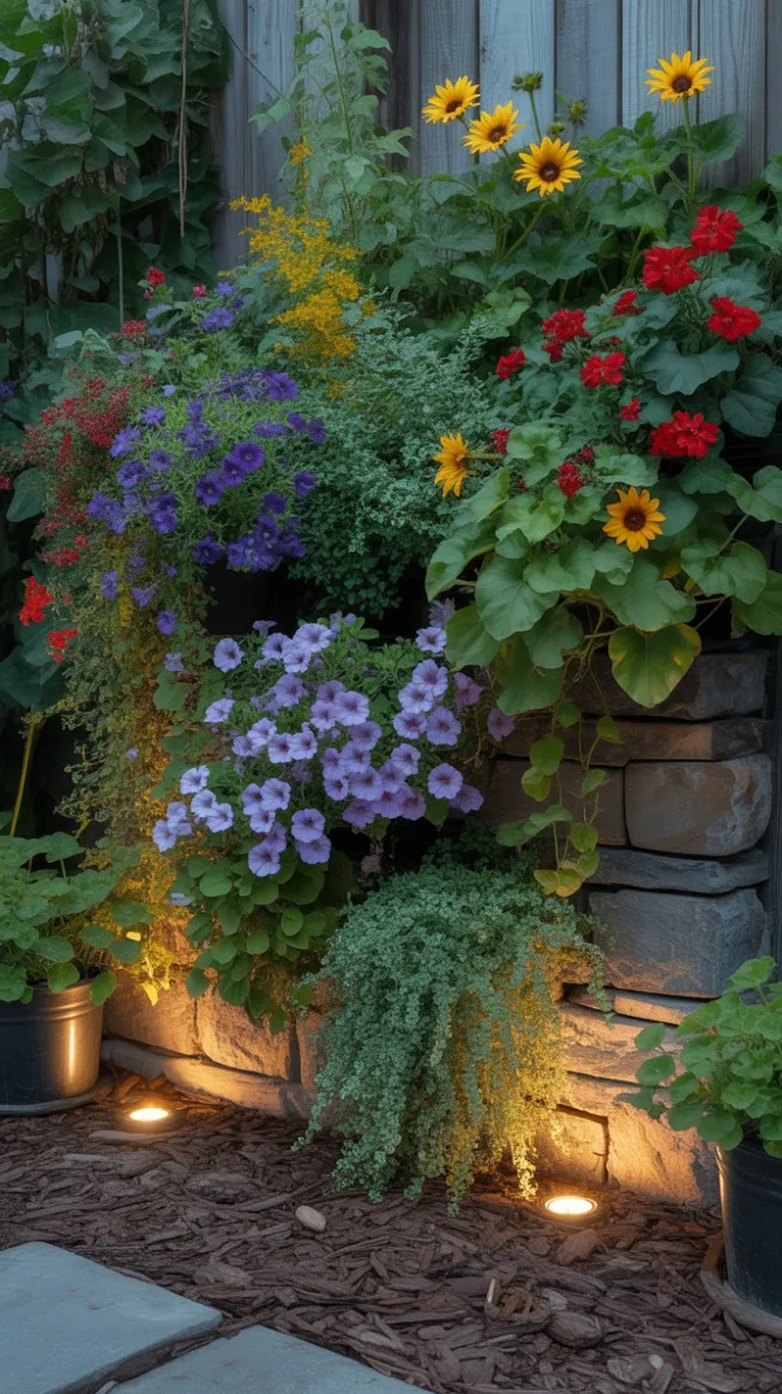 Stone Wall Vertical Garden Ablaze with Color and Warm Glow