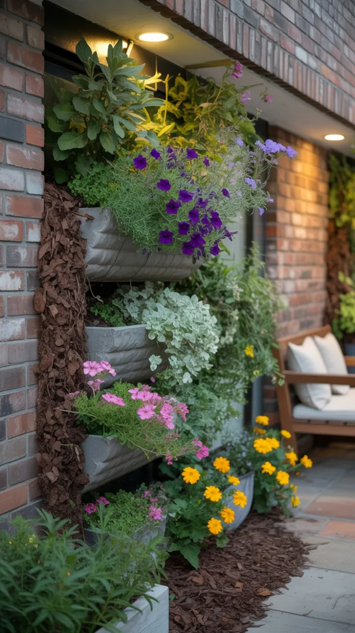 Luminous Vertical Garden Oasis Against Weathered Brick