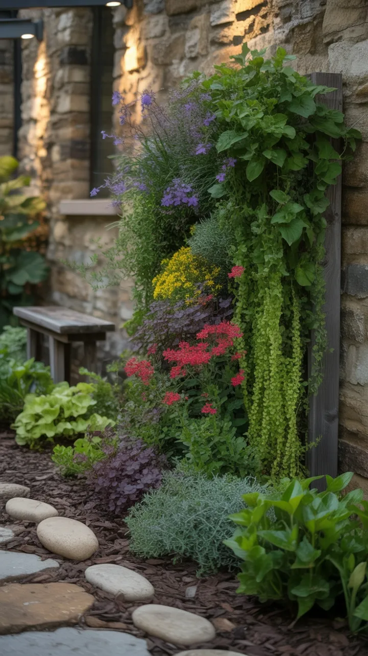 Cascading Garden Retreat on a Weathered Stone Wall