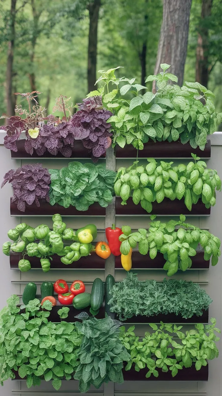 A wall-mounted multi-level garden showcases a lush variety of vegetables and herbs, framed by a natural green forest.