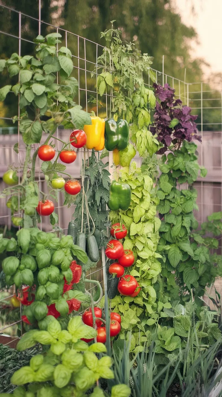 Sunlight-drenched vegetables and herbs flourish in an upward-growing vertical garden, a testament to efficient space utilization.