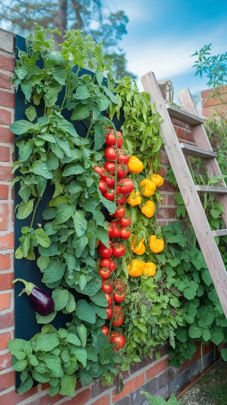 A colorful vertical garden bursts with tomatoes, peppers, and eggplants against a sunny brick wall.