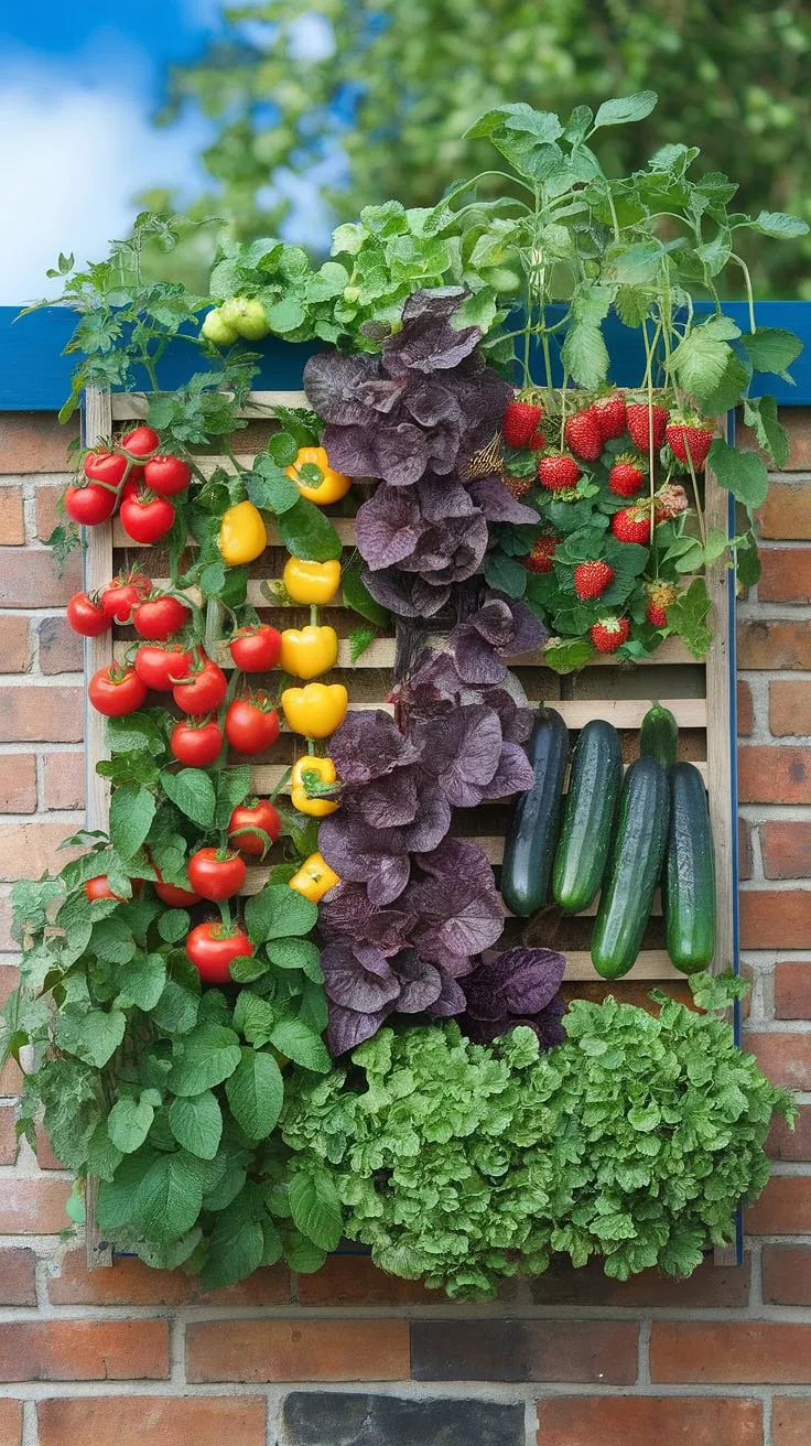 Vibrant vegetables climb a brick wall under a sunny sky