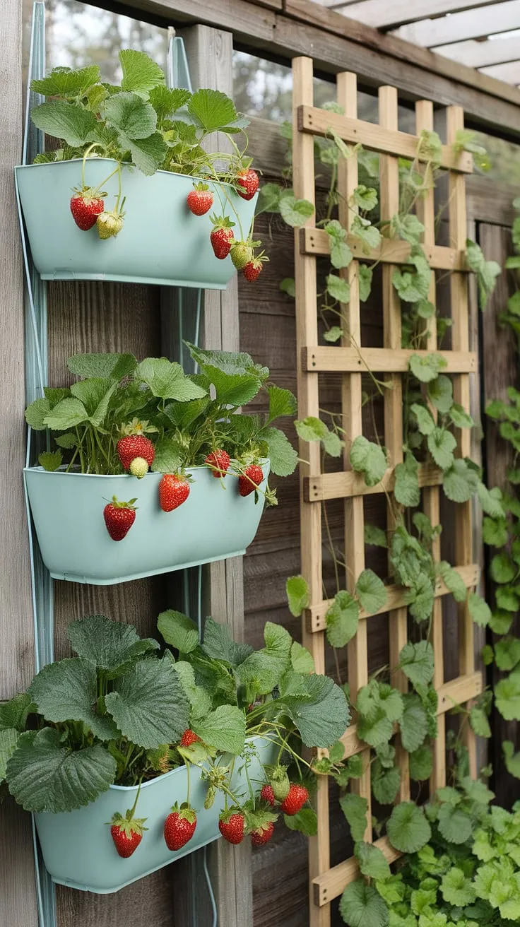 Rustic charm meets bountiful harvest in this vertical garden overflowing with lush greens and ripe strawberries.