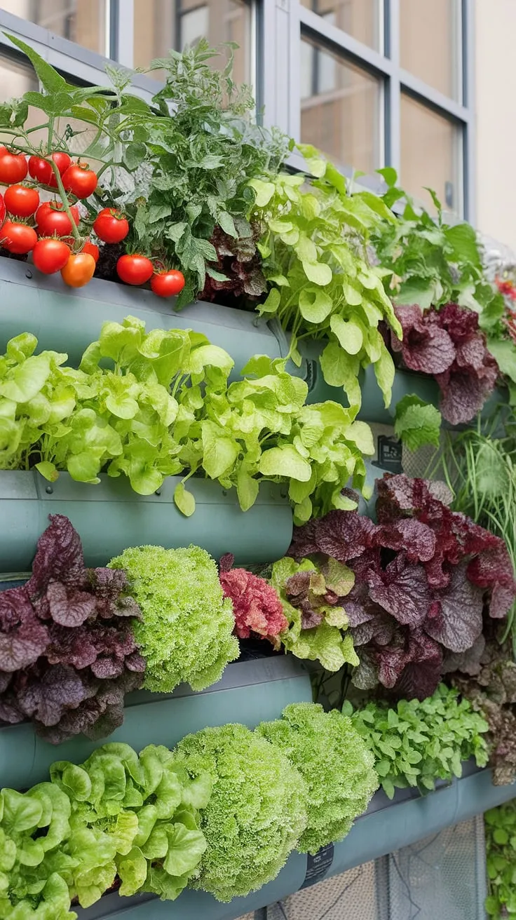 Edible bounty climbs a building's exterior in a layered vertical garden.