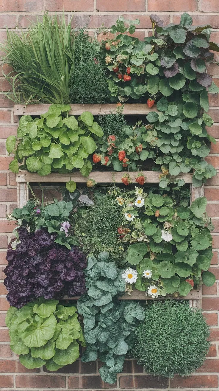 Edible delights bloom in a charming vertical garden framed in wood against a brick backdrop.