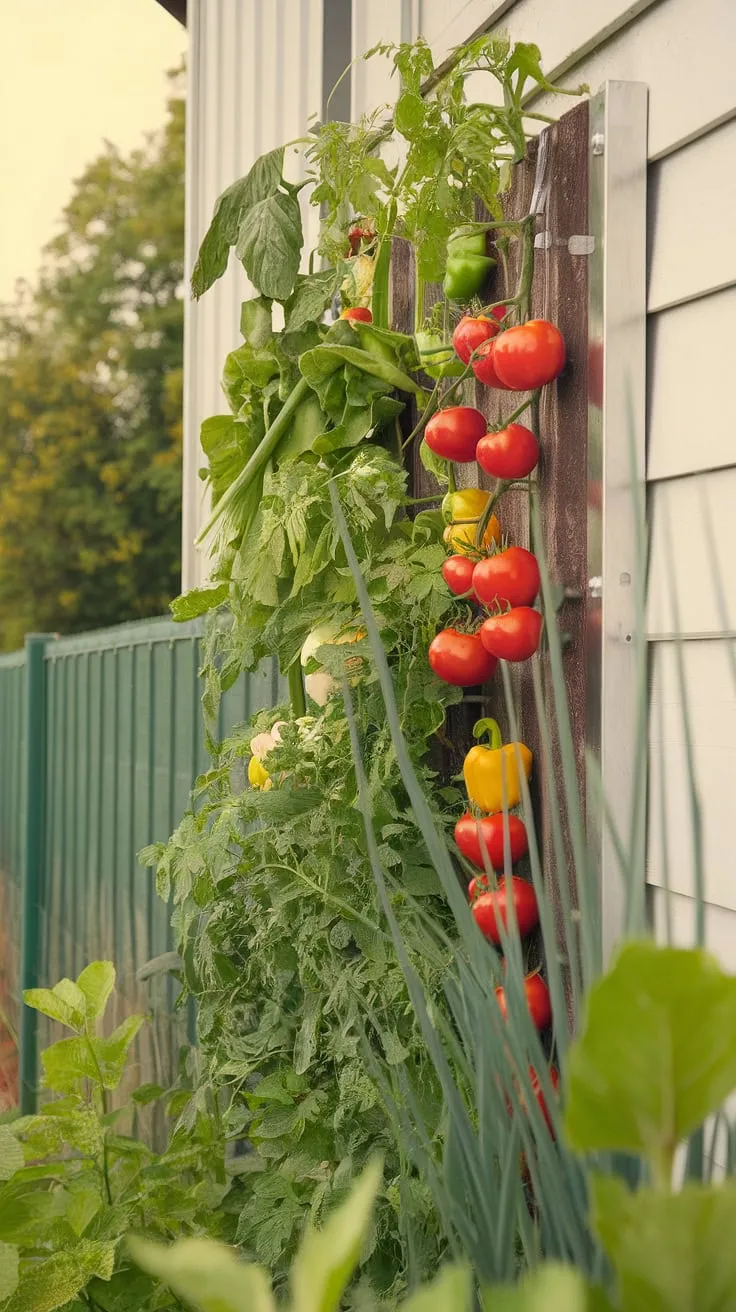 A vertical garden bursts with colorful tomatoes, peppers, and onions, a testament to urban farming.