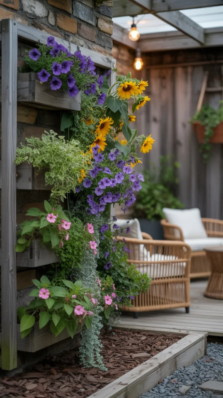 Sunlit Vertical Garden with Cascading Petunias and Sunflower Glow