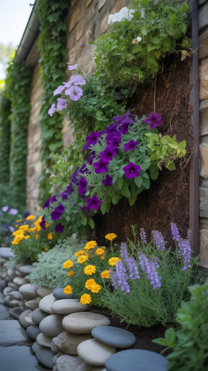 Ivy-Kissed Stonewall with Cascading Petunias, Lavender and Marigolds