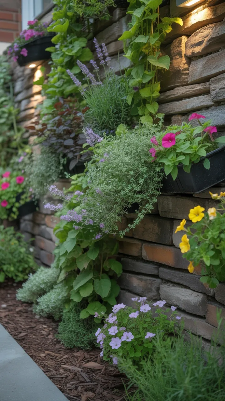 Lush Vertical Garden Cascading from Weathered Stone into a Tapestry of Blooms