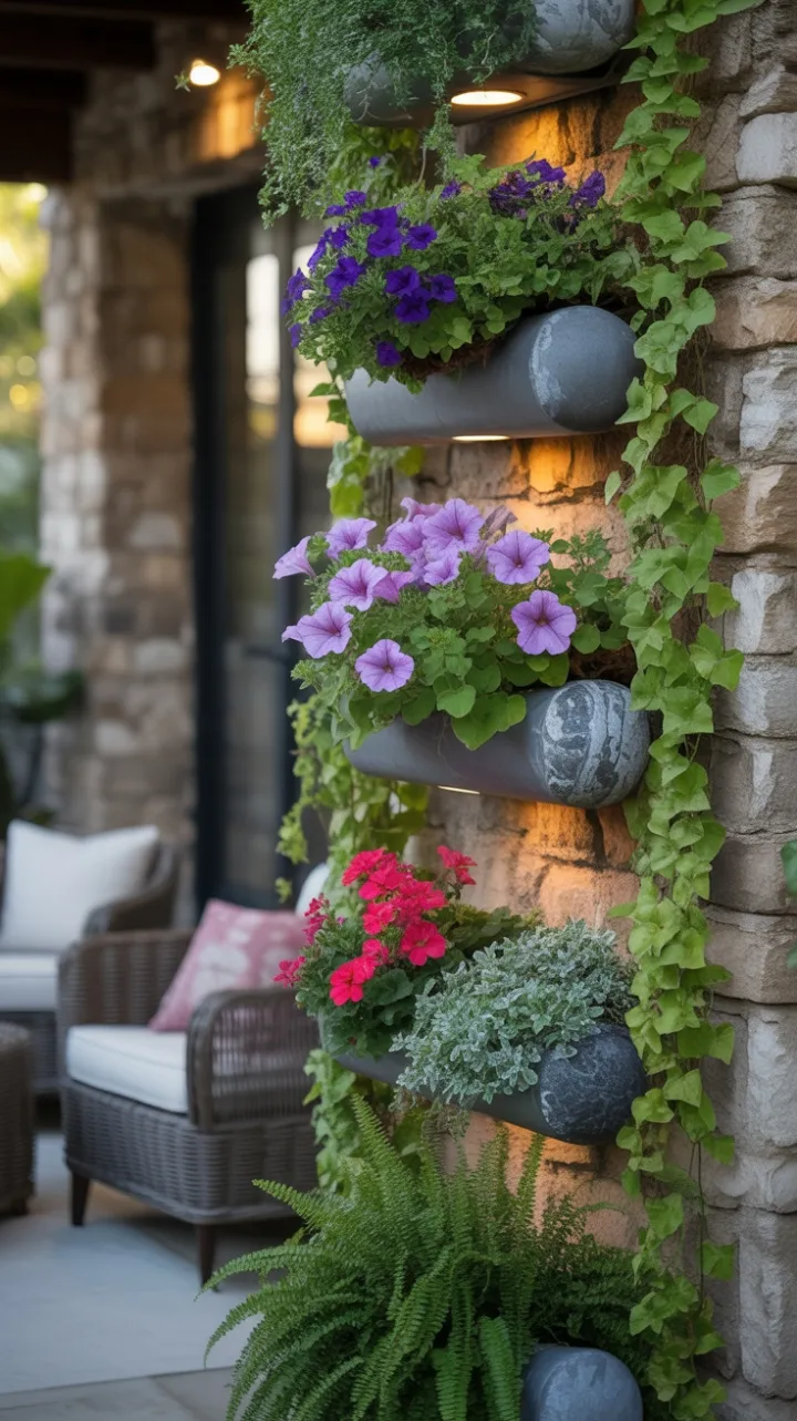 Sunlit Cascade of Petunias and Geraniums Along a Rustic Stone Wall