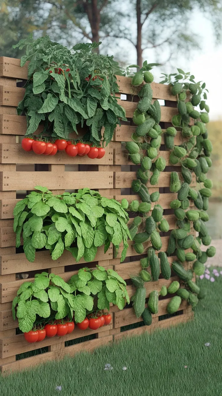 Vertical gardening transforms a wooden pallet wall into a vibrant display of tomatoes, peppers, and cucumbers against a tranquil backdrop